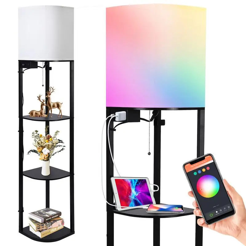 Smart RGB Shelf Floor Lamp with USB Charging Ports Standing Light for Living Room Bedroom Office APP Control Storage Lamp