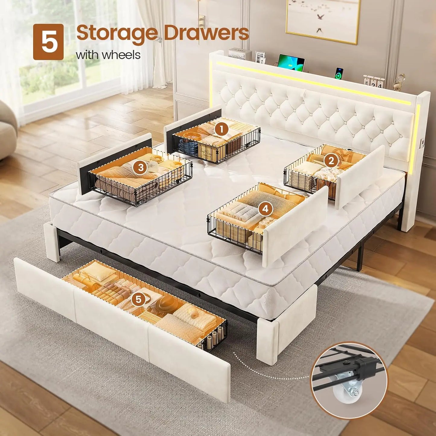 Velvet LED Bed Frame with 5 Drawers, Hidden Storage Headboard, Charging Station & Metal Slats Support - Beige