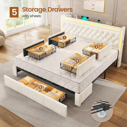 Velvet LED Bed Frame with 5 Drawers, Hidden Storage Headboard, Charging Station & Metal Slats Support - Beige