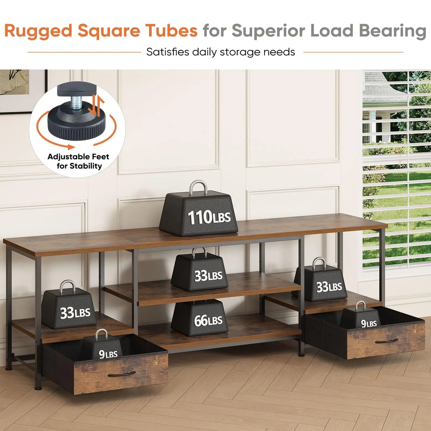 63IN Wooden Tv Stand For Up To 75 Inch TV Entertainment Center For Living Room Media Console Adjustable Shelf 2 Storage