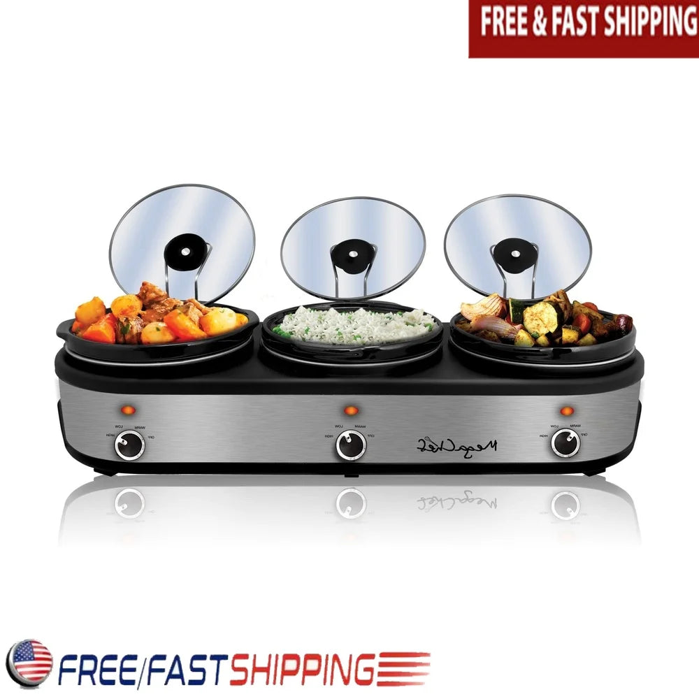 3 Pot 2.5 Qt Slow Cooker Buffet Server with Individual Temperature Control Detachable Lid Rests Anti Slip Feet