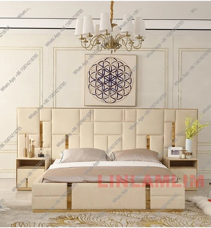 Luxury Modern King Size Bed With Soft Upholstered Headboard And Storage Nightstands - Genuine Leather Bedroom Furnitur