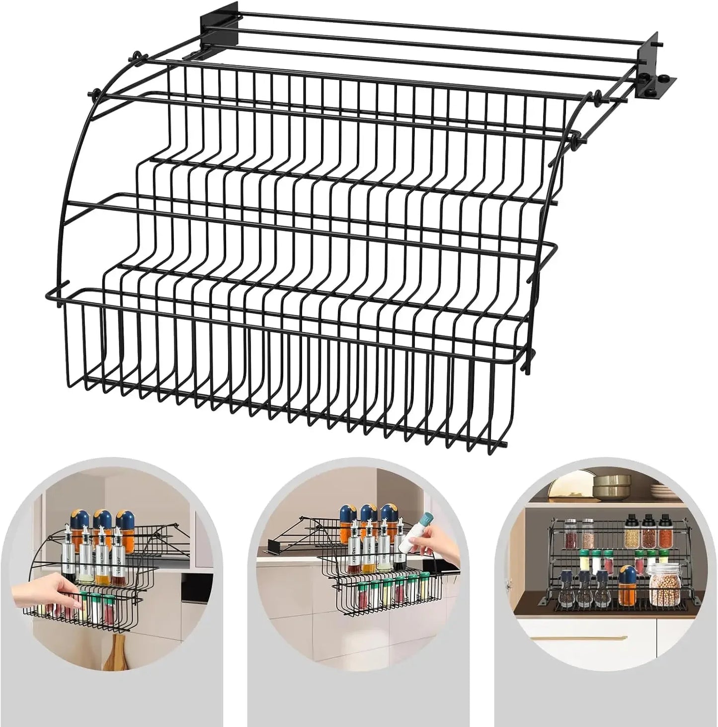 3Tier Adjustable Pull Down Spice Rack,Large Capacity Kitchen Storage Shelf Organizer Heightened Guardrail&Enlarged Mounting