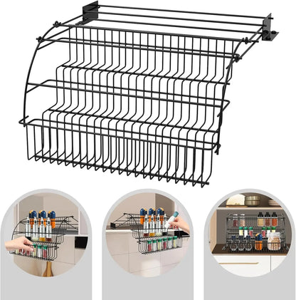 3Tier Adjustable Pull Down Spice Rack,Large Capacity Kitchen Storage Shelf Organizer Heightened Guardrail&Enlarged Mounting