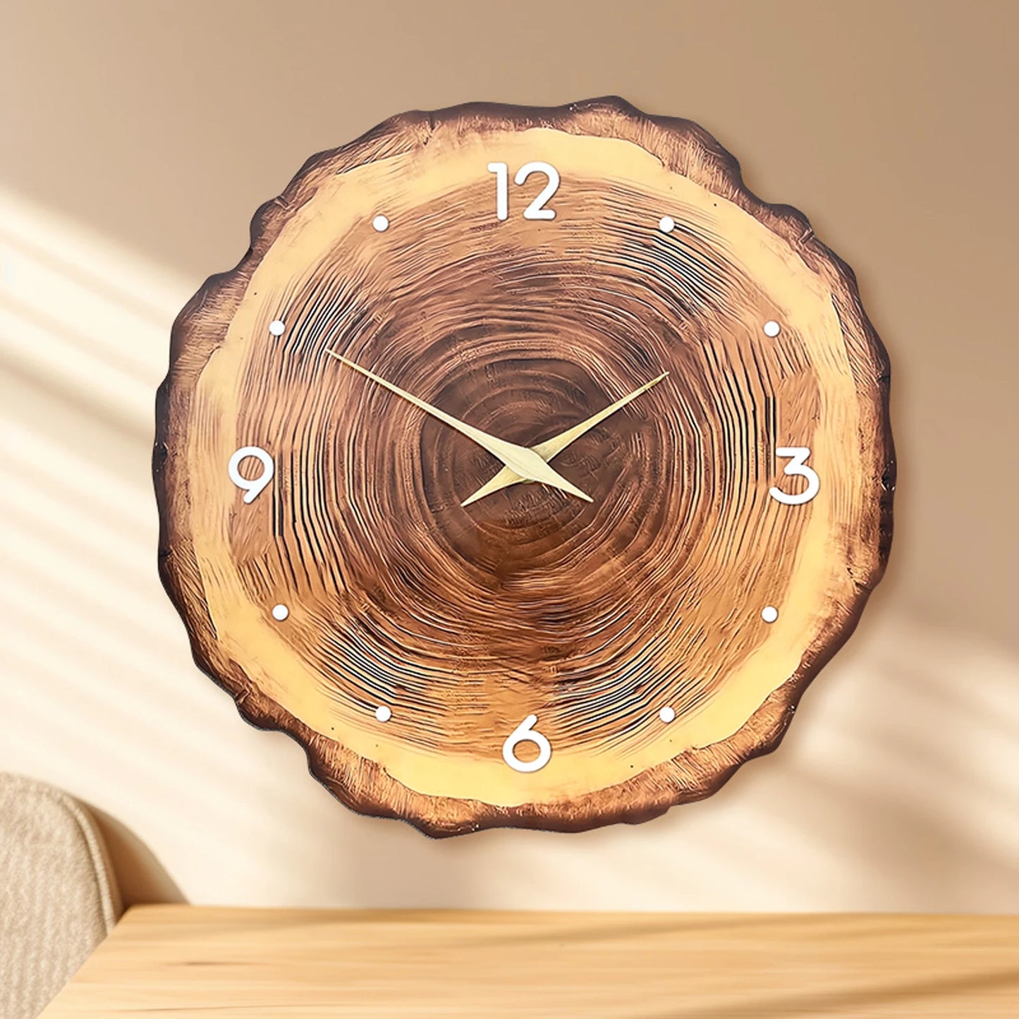 1pc wooden ring veneer wall clock, flat wood cross section texture pattern solid wood pointer design wall clock, silent clock