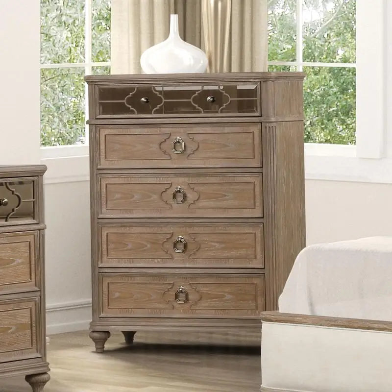 Contemporary 1pc Chest of Drawers, Rustic Oak Veneer, Solid Wood, English Dovetail Drawers, Bedroom Furniture with Mirror