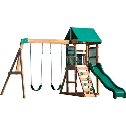 Wood Swing Set with Wave Slide, Play Deck, Rock Wall Ladder, Belt Swings, Chalkboard, Cano