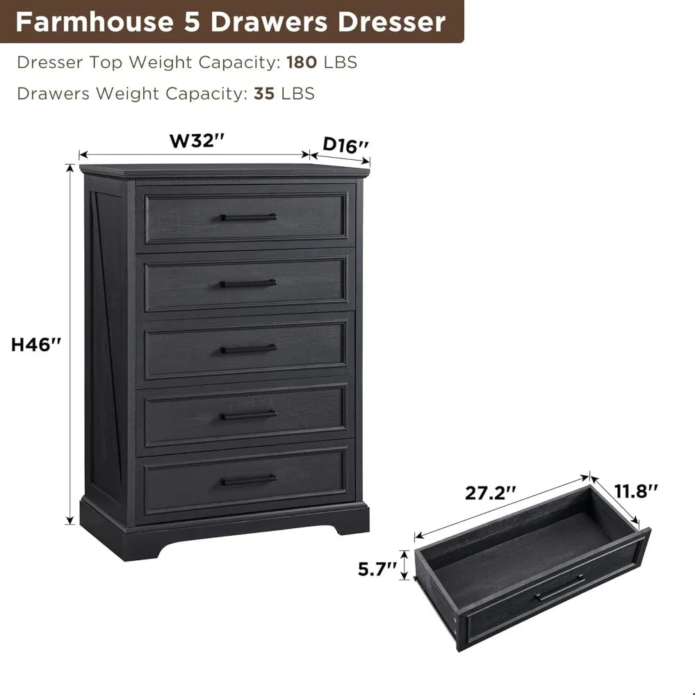5 Drawer 46" Tall Wood Farmhouse Dresser Chests