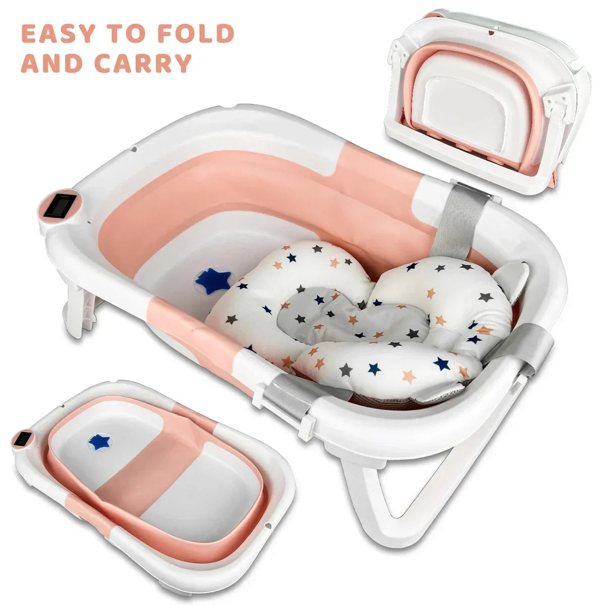 Baby BathTub with Bath Cushion, Portable and foldable, real-time temperature sensor, with a drainage hole