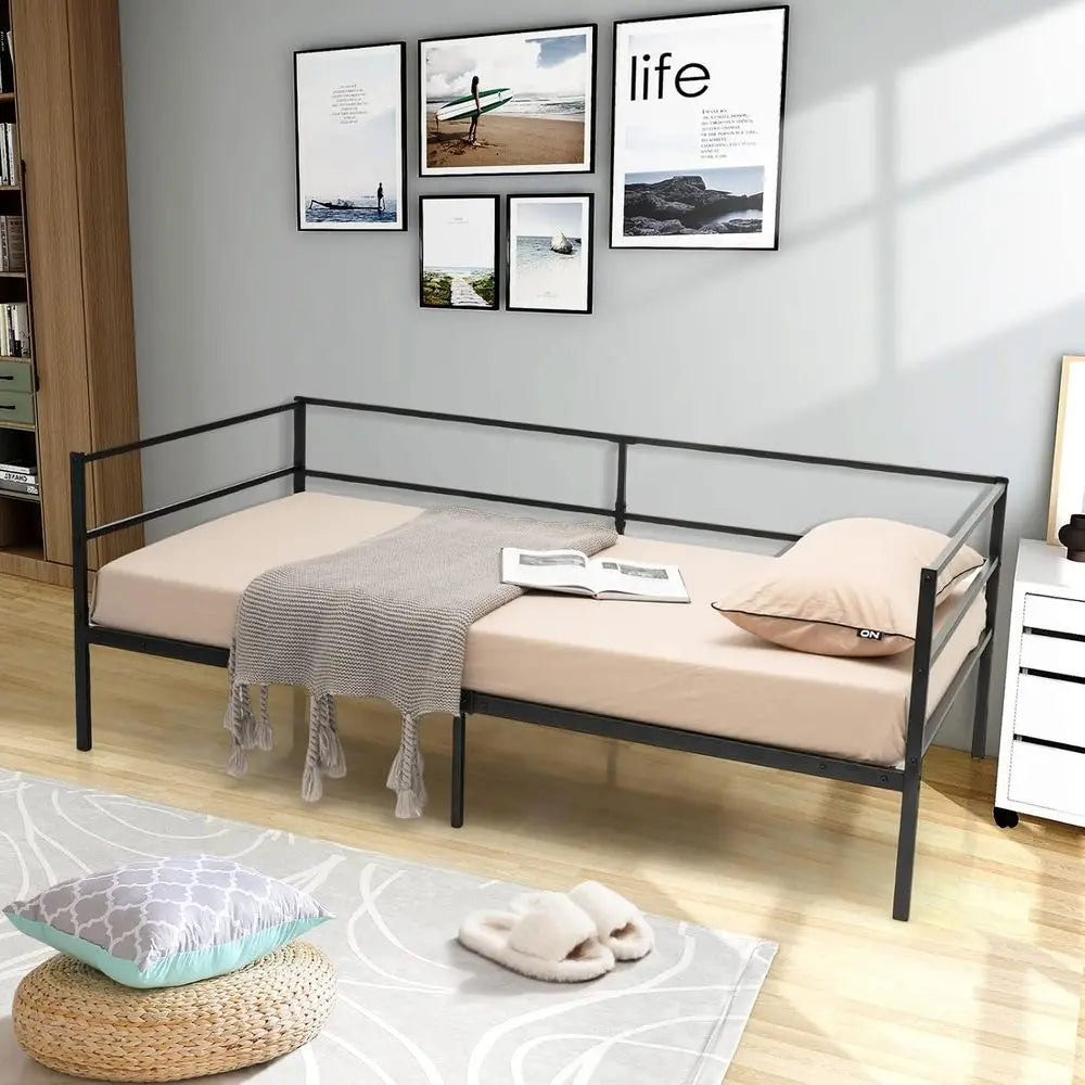 Metal Twin Daybed e, Day Bed with Metal Slat Support & 3-Sided Guardrails, 2-in-1 Space-Saving Soa Bed or Living Room Gt Room, N