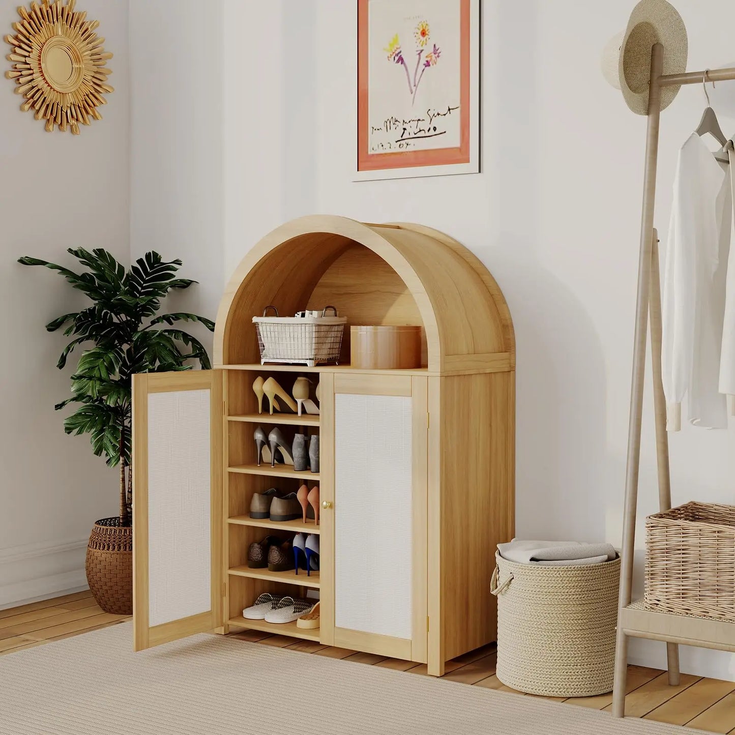 47'' Modern Arched Sideboard Buffet Cabinet with Storage Freestanding Small Kitchen Pantry Cabinet with Rattan Doors for Living