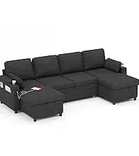 Sleeper Sofa Pullout Bed for Living Room.L Shaped Couch with Storage Chaise.USB.Cup Holder (Dark G