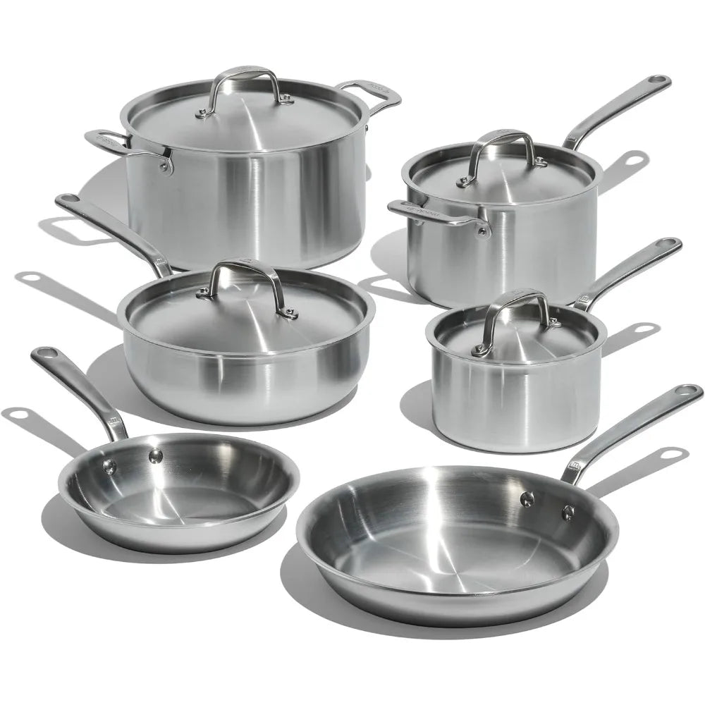 10 Piece Stainless Steel Pot and Pan Set - 5 Ply Clad - Includes Stainless Steel Frying Pans, Saucepans, Cookware Set