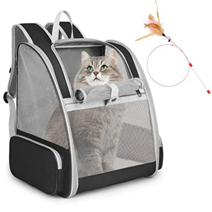 Cat Backpack Carrier, Large Pet Carrier Backpack with Kitten Wand Feather Toy for Medium Small Dog Cat Puppy Kitty Bunny up to