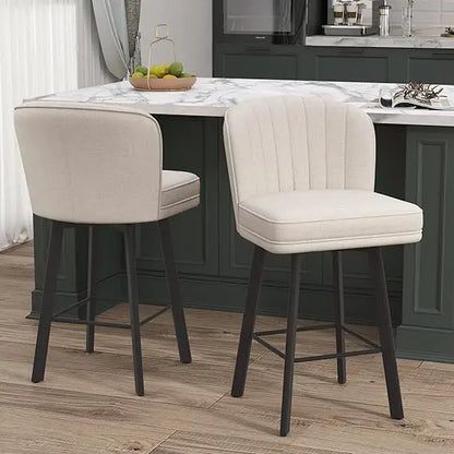 Swivel Counter Height Bar Stools Set of 2, 26'' Modern Barstools with Backs and Metal Legs, Upholstered Bar Chairs, Beige, Fabri