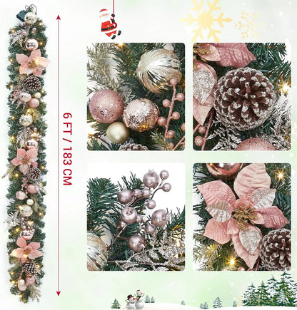 Christmas Garland with Lights, 6ft Pre Lit Outdoor Xmas Garland with Timer 20 LED Lights Pinecones Rose Gold Ball Ornaments