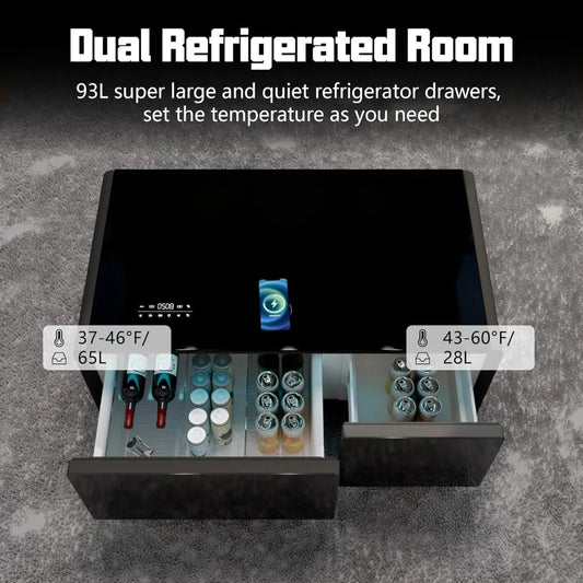 Smart Coffee Table, Living Room Table with Built in Fridge, 23" D x 41.5" W x 18.2" H, 15W Wireless Charging, USB Chargers