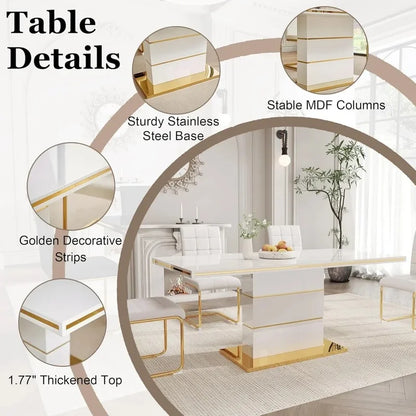 Modern 5-Piece Dining Set with 63" White Gloss Table and 4 PU Leather Chairs for Kitchen and Dining Room