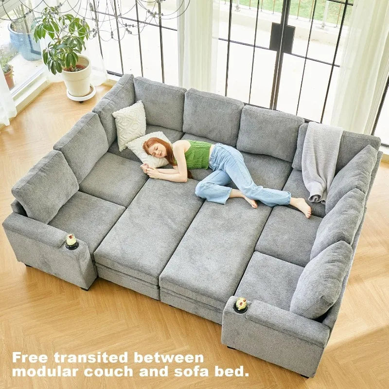 Small  Modular Sectional Couches  U Shaped Couch with Cup Holder Light Grey Couch