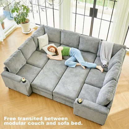 Small  Modular Sectional Couches  U Shaped Couch with Cup Holder Light Grey Couch