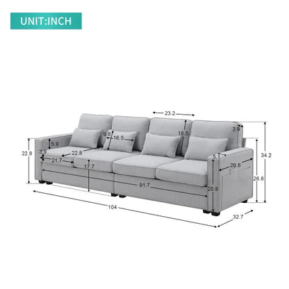 grey 104"4-Seater Modern Linen Fabric Sofa with 4 Pillows,Armrest Pockets,Minimalist Style Couch for Apartment,Living Room