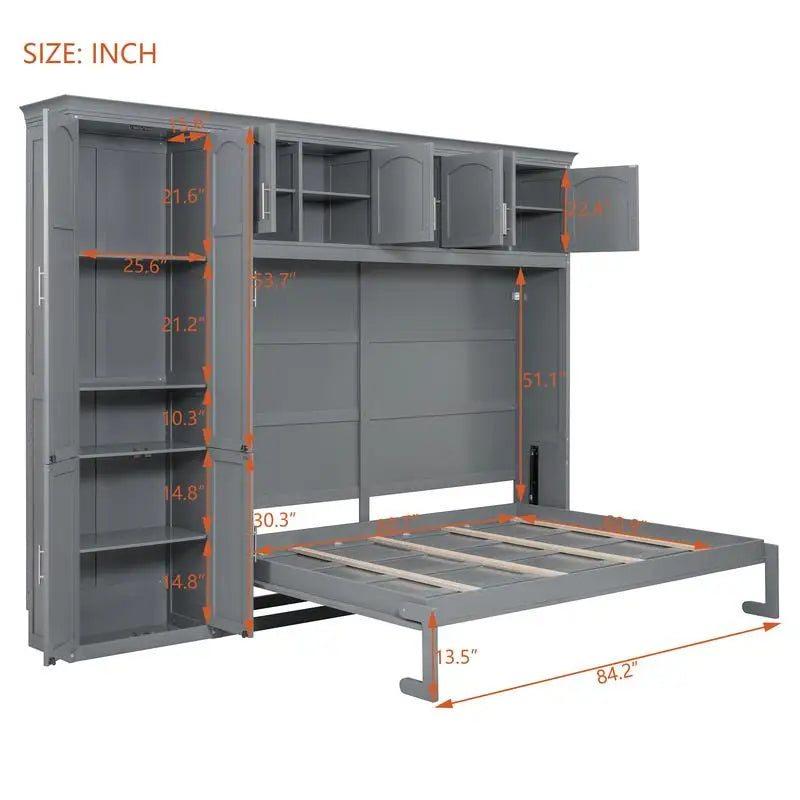 Gray Queen Murphy Bed with Cabinets, Space-Saving Wall Bed for Dual Functionality