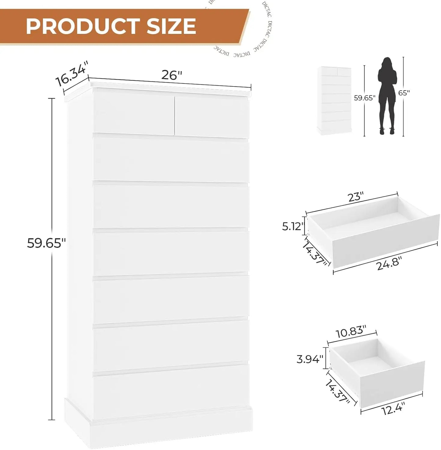 White Tall Chests of Drawers for Bedroom with 8 Drawers, 59.6" Tall