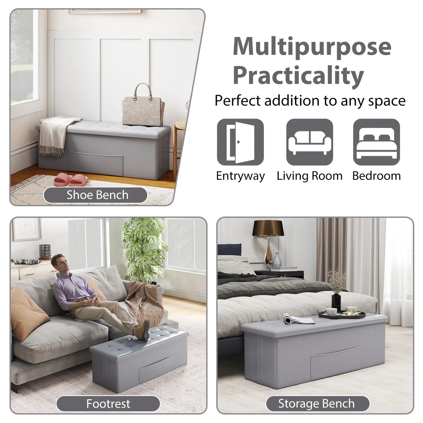 43 Inches Folding Storage Ottoman Bench with Side Pocket Storage Chest