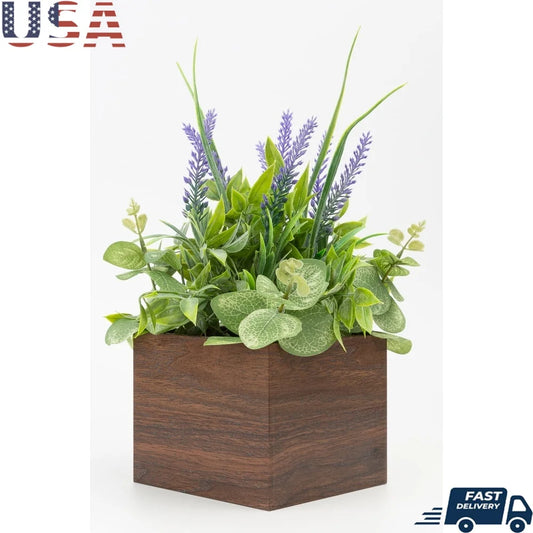 12 Inch Artificial Lavender Plant in Brown Wood Box Lifelike Eucalyptus Fig Leaves Indoor Decoration Perfect Home Office Party