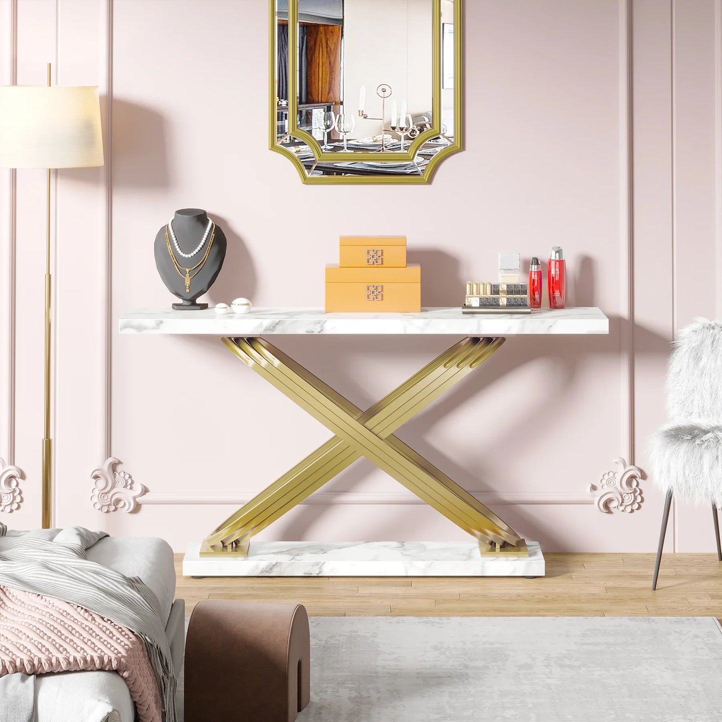 55 Inch Modern Console Table, Faux Marble Gold Entryway Table Behind Sofa Couch, Narrow Rectangular Sofa Table