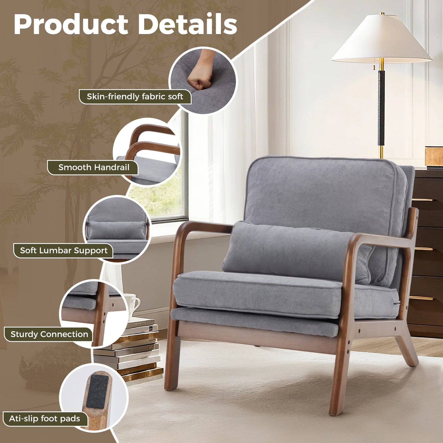 Mid Century Modern Chair Solid Wooden Frame Accent Chair with Arms and Waist Cushion Reading Chairs for Adults Lounge Chair