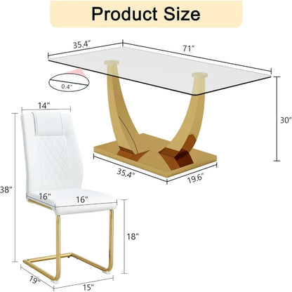 Glass Dining Table Set for 6, Modern Kitchen Table Set for 6, 71" Tempered Glass Tabletop with U-Shaped Gold Base, 7 Ppiece