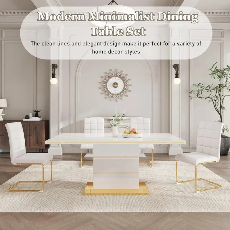 Modern 5-Piece Dining Set with 63" White Gloss Table and 4 PU Leather Chairs for Kitchen and Dining Room