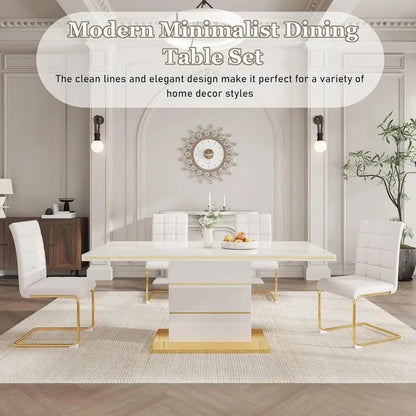 Modern 5-Piece Dining Set with 63" White Gloss Table and 4 PU Leather Chairs for Kitchen and Dining Room