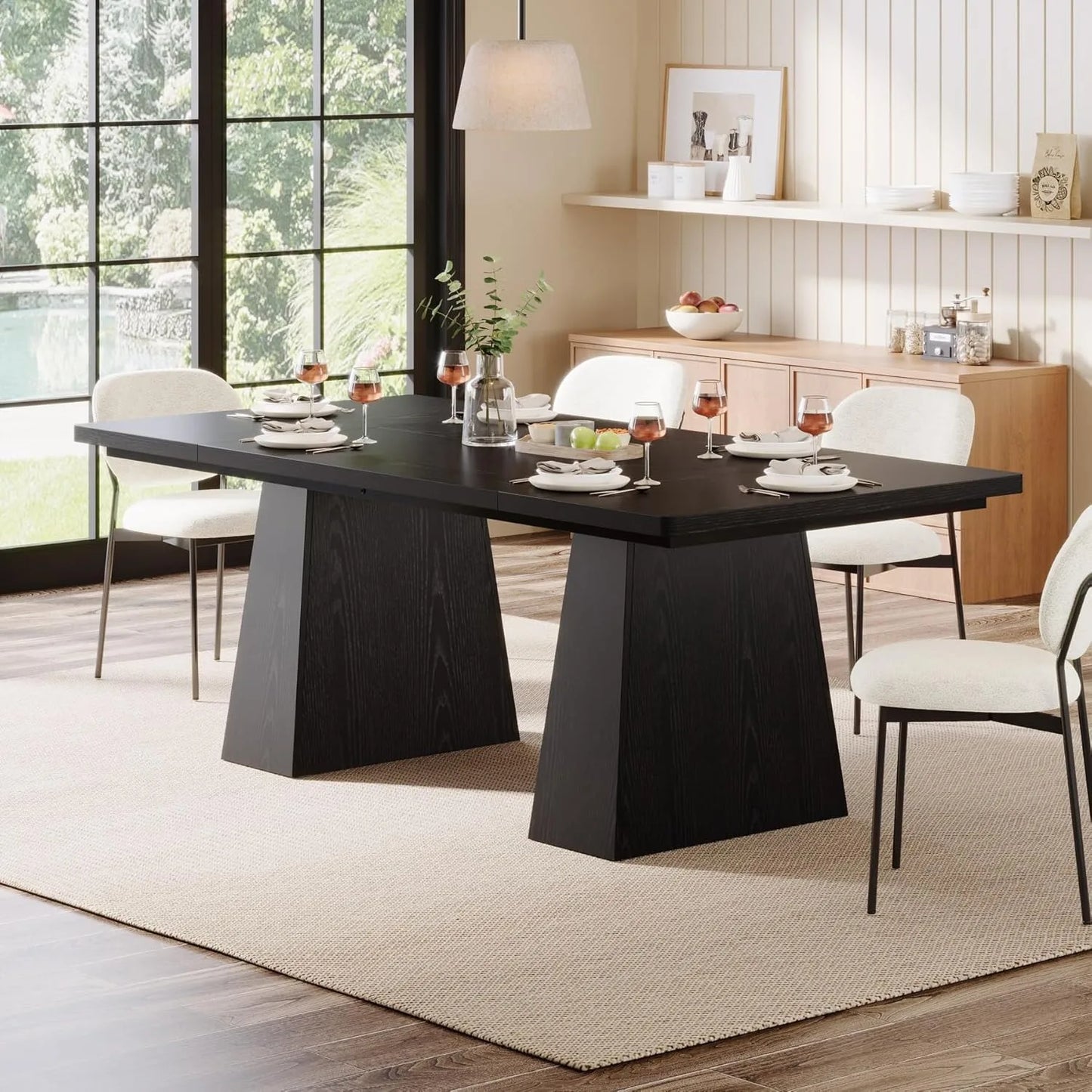 Black Dining Table for 4-6, Modern Kitchen Table with Tapered Wood Legs and Tabletop for Kitchen, Living Room