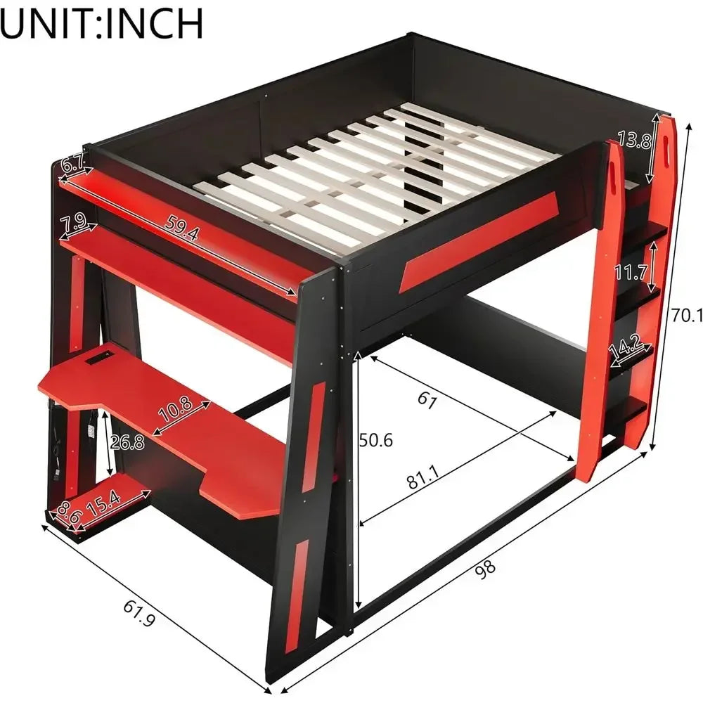Sturdy Queen Wooden Bunk Bed with Desk, Storage, USB & LED Lights for Gamers and Compact Spaces (Black+Red)