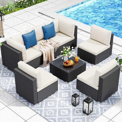 7 Pieces Patio Furniture Set, Sectional Sofa PE Rattan Wicker Conversation Set Outside Couch with Table and Cushions for Porch