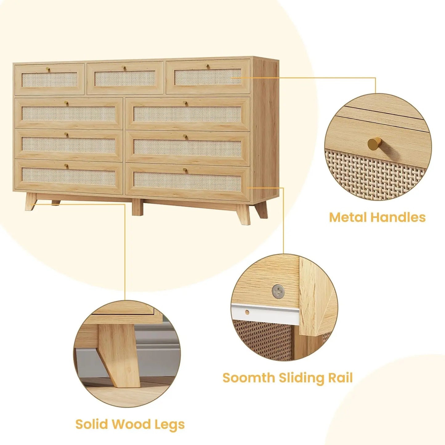 9 Drawer Modern Wooden/ Rattan Dresser for Bedroom