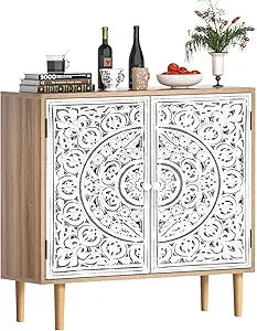 Accent Cabinet with 2 Doors, Carved Decorative Sideboard with Adjustable Shelf, Free-Standing Wood  Cabinet for