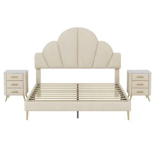 3 Pieces Bedroom Sets, Queen Size Modern Velvet Upholstered Bed Frame with Petal Shape Headboard, 3 Drawers Nightstands, Beige