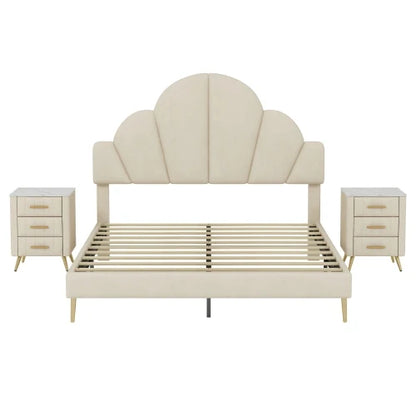 3 Pieces Bedroom Sets, Queen Size Modern Velvet Upholstered Bed Frame with Petal Shape Headboard, 3 Drawers Nightstands, Beige