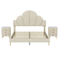 3 Pieces Bedroom Sets, Queen Size Modern Velvet Upholstered Bed Frame with Petal Shape Headboard, 3 Drawers Nightstands, Beige