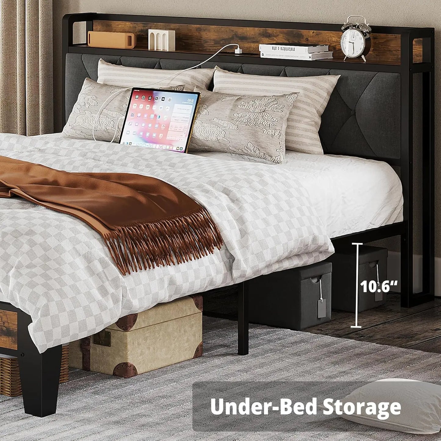 Twin/TwinXL/Full/Queen/King/ Bed Frames, Storage Headboard with Outlets, No Noise, No Box Springs Needed