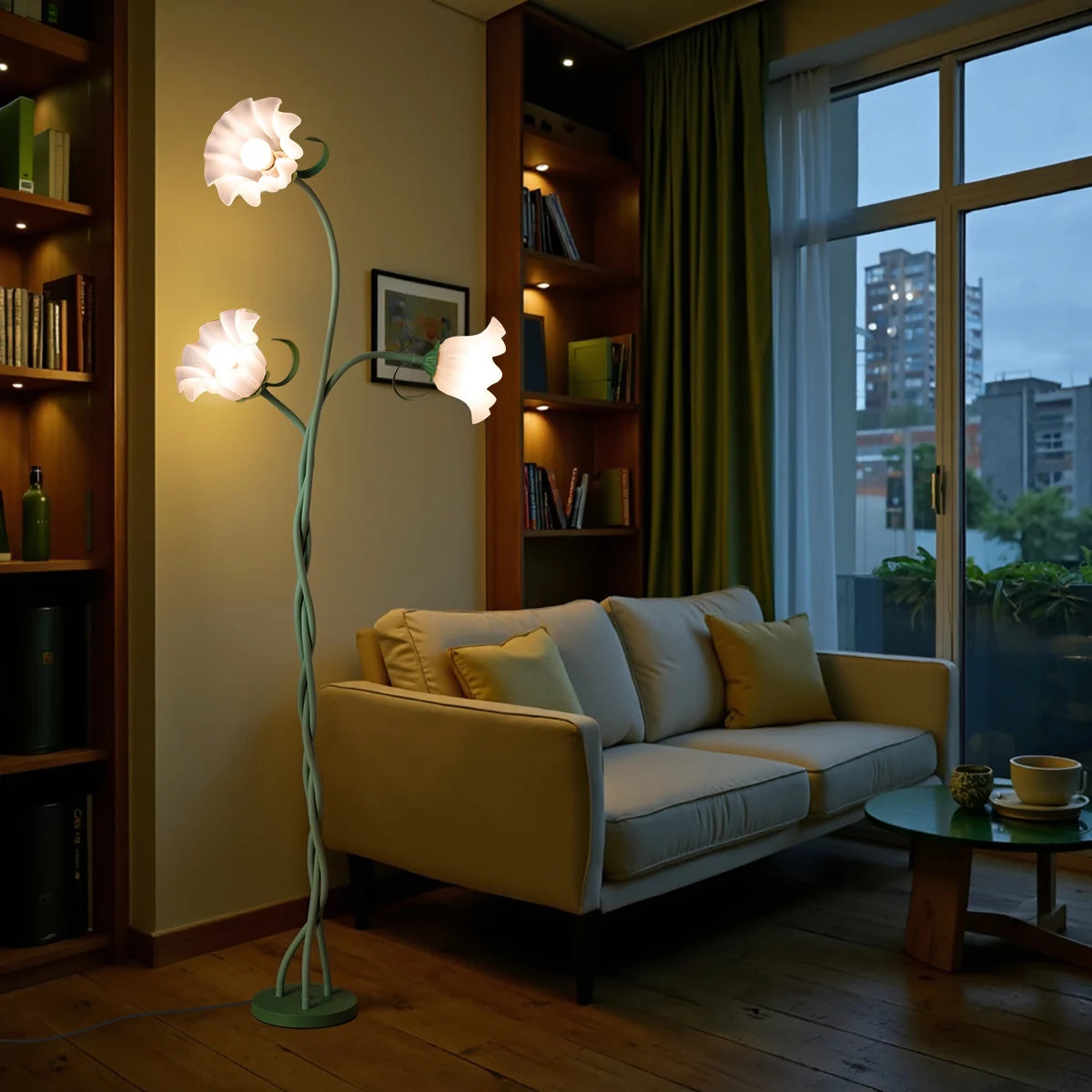 Retro 3-Head Flower Floor Lamp, Contains Bulb, 3-Color Dimmable, with Flexible Neck Shaft That Can Be Adjusted at Will