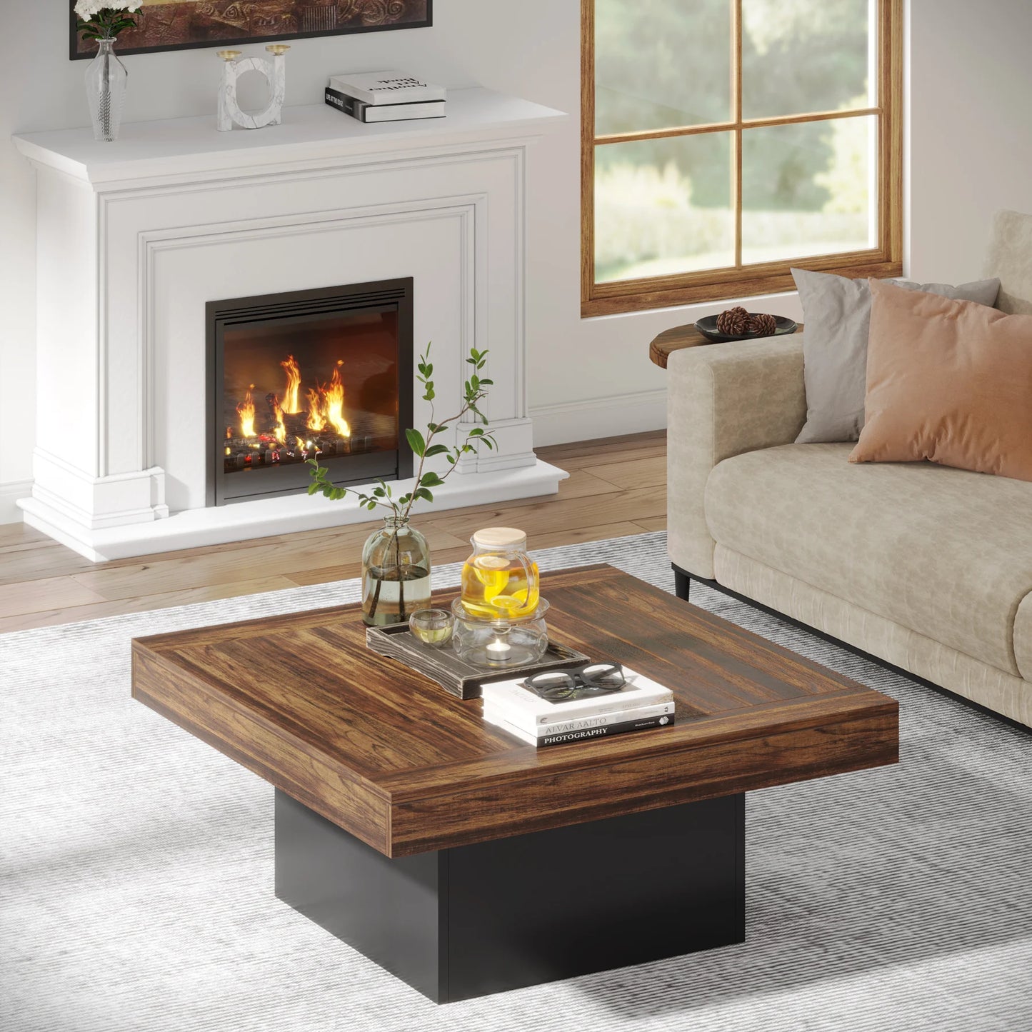 Coffee Table Square LED Coffee Table Engineered Wood Low Coffee Table for Living Room Rustic Brown & Black