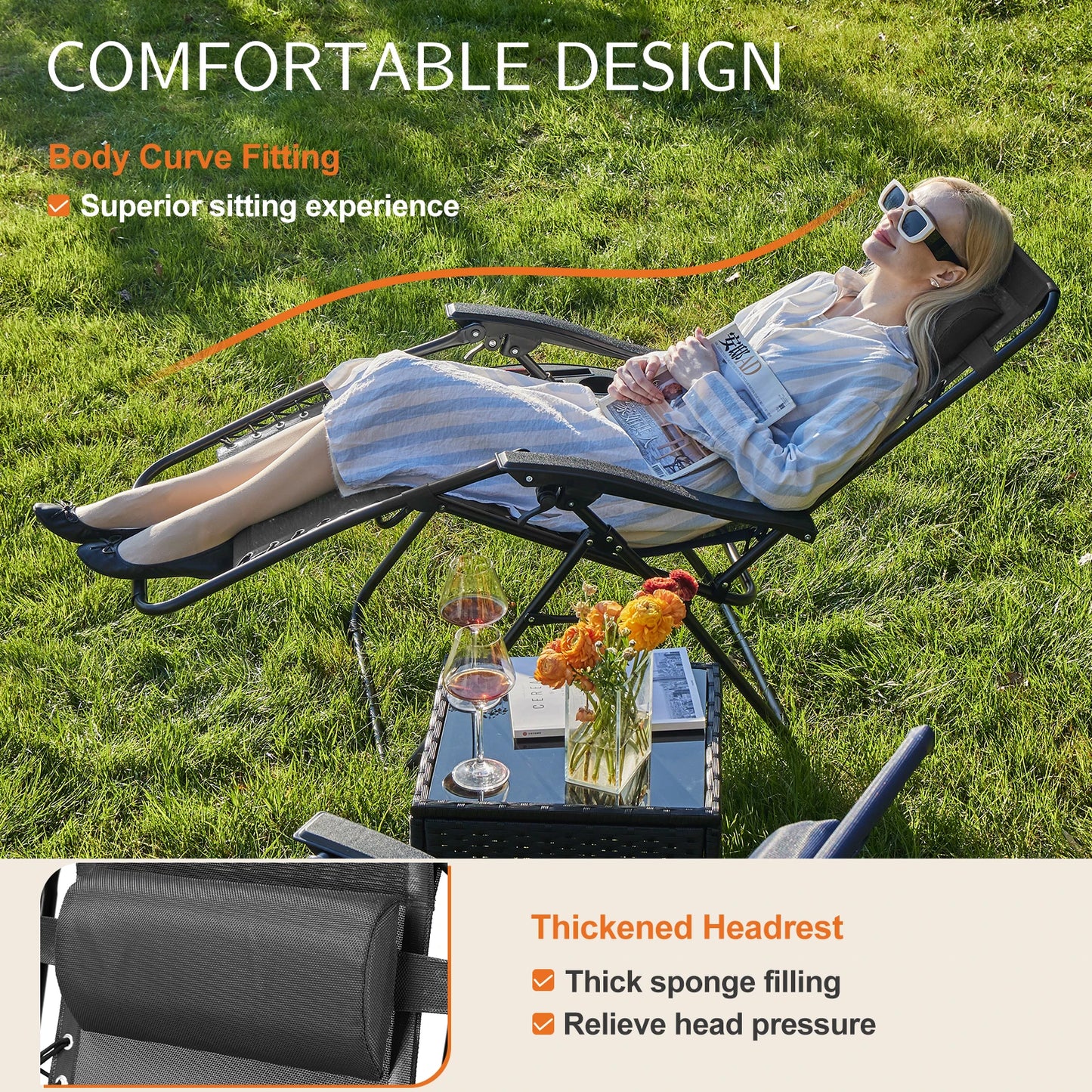 Zero Gravity Set of 2 Portable Recliner Camping Patio Outdoor Garden Lounge Chair with Cup Holder Trays Adjustable Pillow