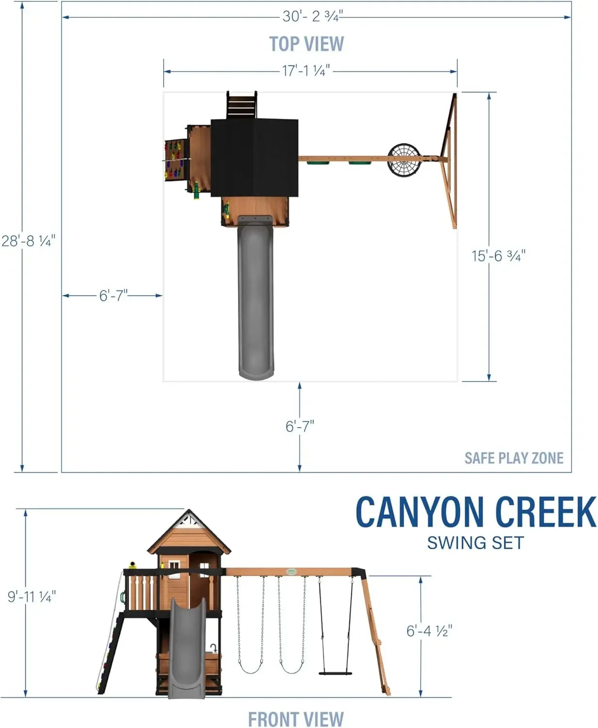 Cedar Wood Swing Set with Wave Slide, Clubhouse, Play Kitchen, Picnic Area, Belt Swings, Web Swing, Rock Wall,