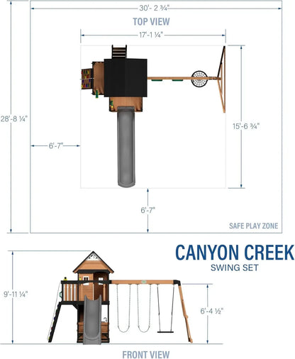Cedar Wood Swing Set with Wave Slide, Clubhouse, Play Kitchen, Picnic Area, Belt Swings, Web Swing, Rock Wall,