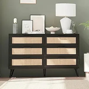 12 Drawer Double Dresser for Bedroom, Rattan Chest of Dressers, Modern Wooden Dresser Chest with Golden Handles