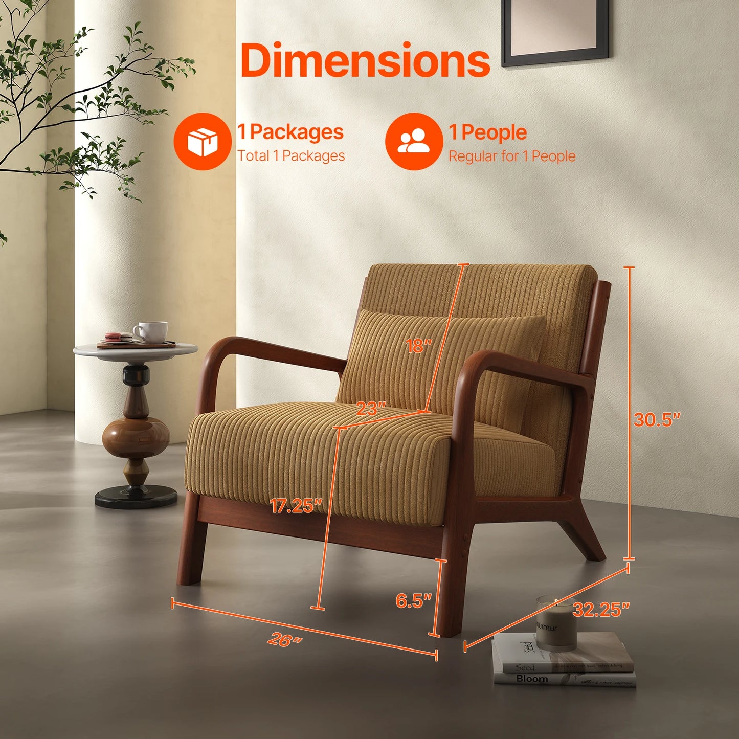 Mid Century Modern Accent Chair, Comfy Fabric Reading Chair with Solid Wood Frame, Easy Assembly Armchair for Living Room ，Bedro